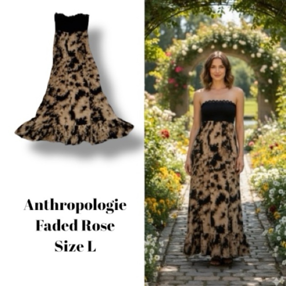 Anthropologie Black and Tan Faded Rose Strapless Maxi Dress